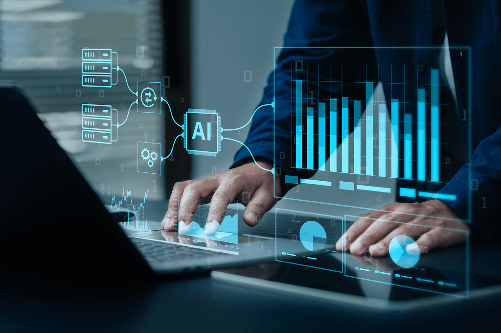 hands of a man work on a tablet and laptop computer on a desk with charts and graphs superimposed over the image